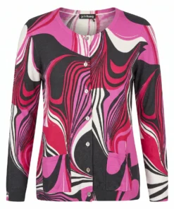 Gollehaug dames vest met knoopsluiting en zakjes in roze golvend dessin uit de outlet collectie