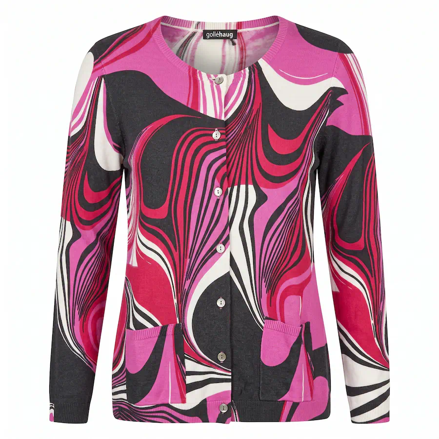 Gollehaug dames vest met knoopsluiting en zakjes in roze golvend dessin uit de outlet collectie