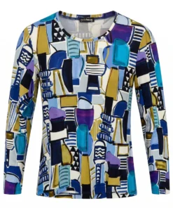 Gollehaug dames shirt met lange mouwen en artistiek grafisch dessin in blauw en okergeel uit de outlet collectie