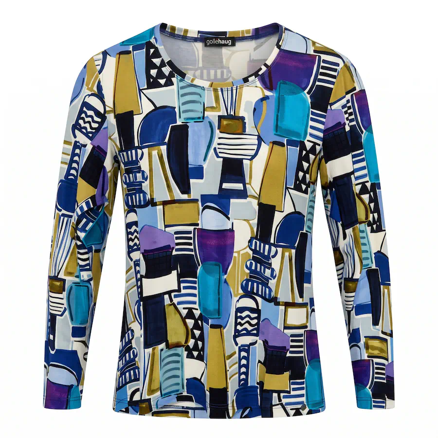Gollehaug dames shirt met lange mouwen en artistiek grafisch dessin in blauw en okergeel uit de outlet collectie