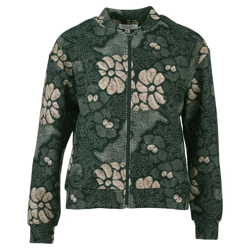 Enjoy dames bomberjack in bottle green donkergroen met reliëf bloemenpatroon en ritssluiting