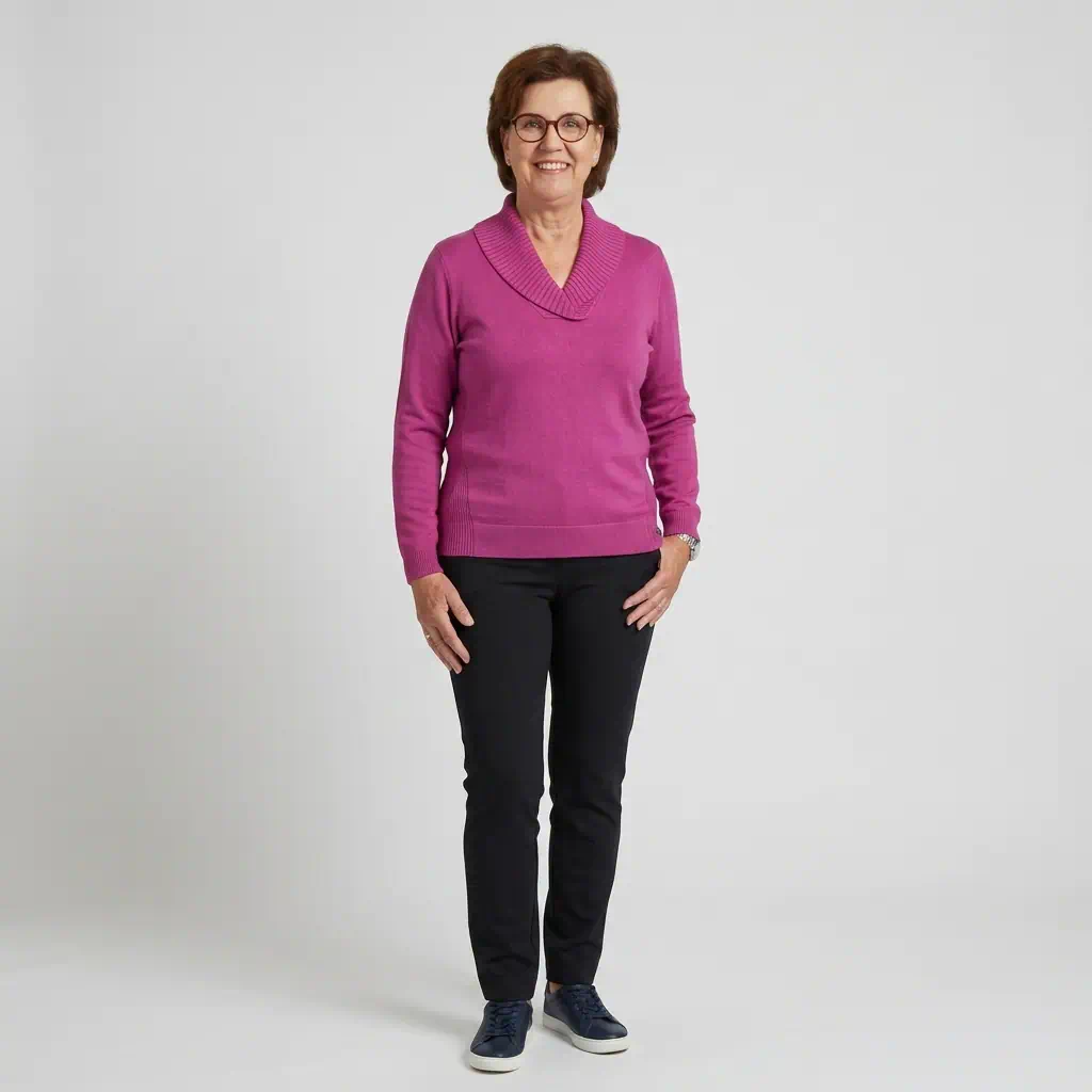 Gollehaug dames fijngebreide trui met geribde sjaalkraag en V-hals in fuchsia roze_model1