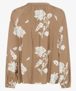 Brax dames tuniek blouse model Vivian in camel zandkleur met wit geborduurde bloemen en V-hals_achter