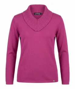 Gollehaug dames fijngebreide trui met geribde sjaalkraag en V-hals in fuchsia roze