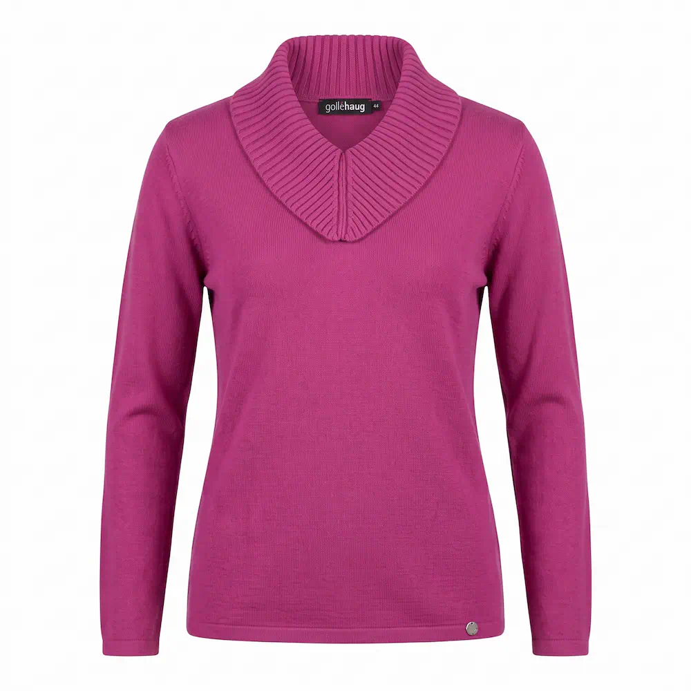 Gollehaug dames fijngebreide trui met geribde sjaalkraag en V-hals in fuchsia roze