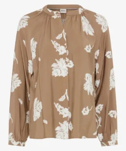 Brax dames tuniek blouse model Vivian in camel zandkleur met wit geborduurde bloemen en V-hals