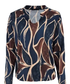 FOS Amsterdam dames blouson Eefje met abstracte bladerenprint in donkerblauw en bruin met opstaande hals en elastische zoom