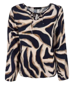 FOS Amsterdam dames blouson model Lexie met donkerblauwe en beige zebraprint, strikkraag en elastische zoom