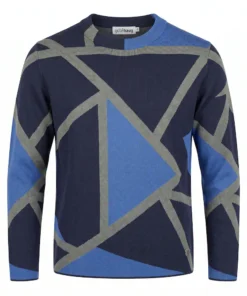 Golléhaug dames trui fijngebreid met turtleneck en grafisch dessin in blauw en geel