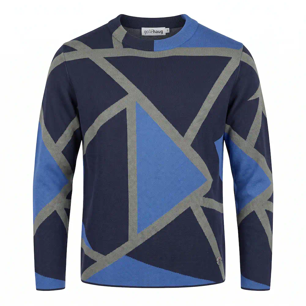 Golléhaug dames trui fijngebreid met turtleneck en grafisch dessin in blauw en geel