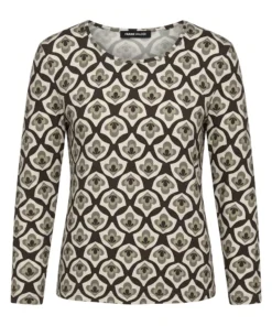 Frank Walder dames blouse met retro motief in groen en dubbel voorpand met ronde hals