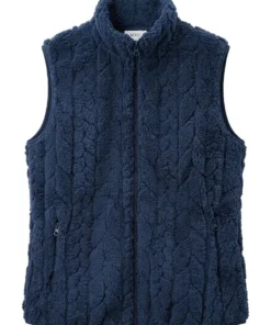 MXO dames teddy fleece bodywarmer in donkerblauw met kabelstructuur, opstaande kraag en ritszakken