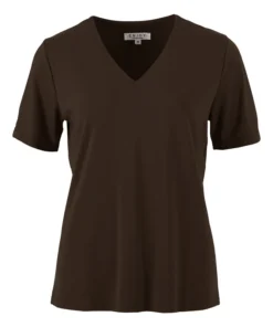 Enjoy dames shirt met V-hals en stretch in effen chocoladebruin