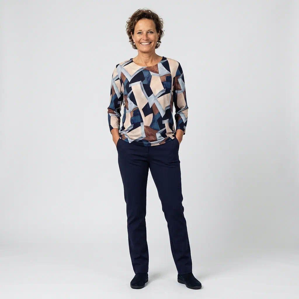 Signature dames blouson top met driekwartmouwen en grafisch dessin in blauw en taupe met elastische boord_model1