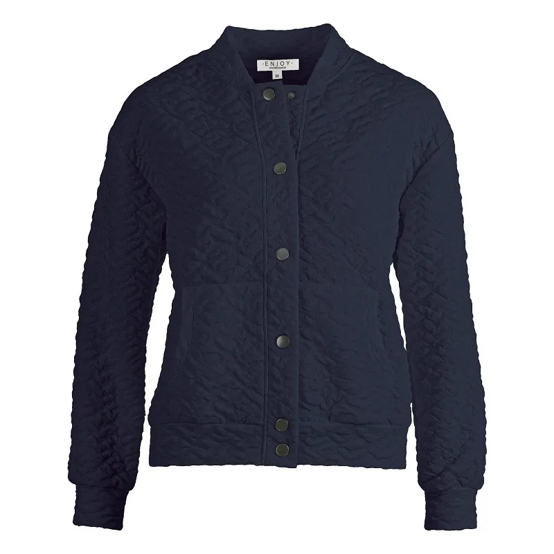 Enjoy dames bomberjasje in donkerblauw met reliëfstructuur, drukknoopsluiting en elastische boorden