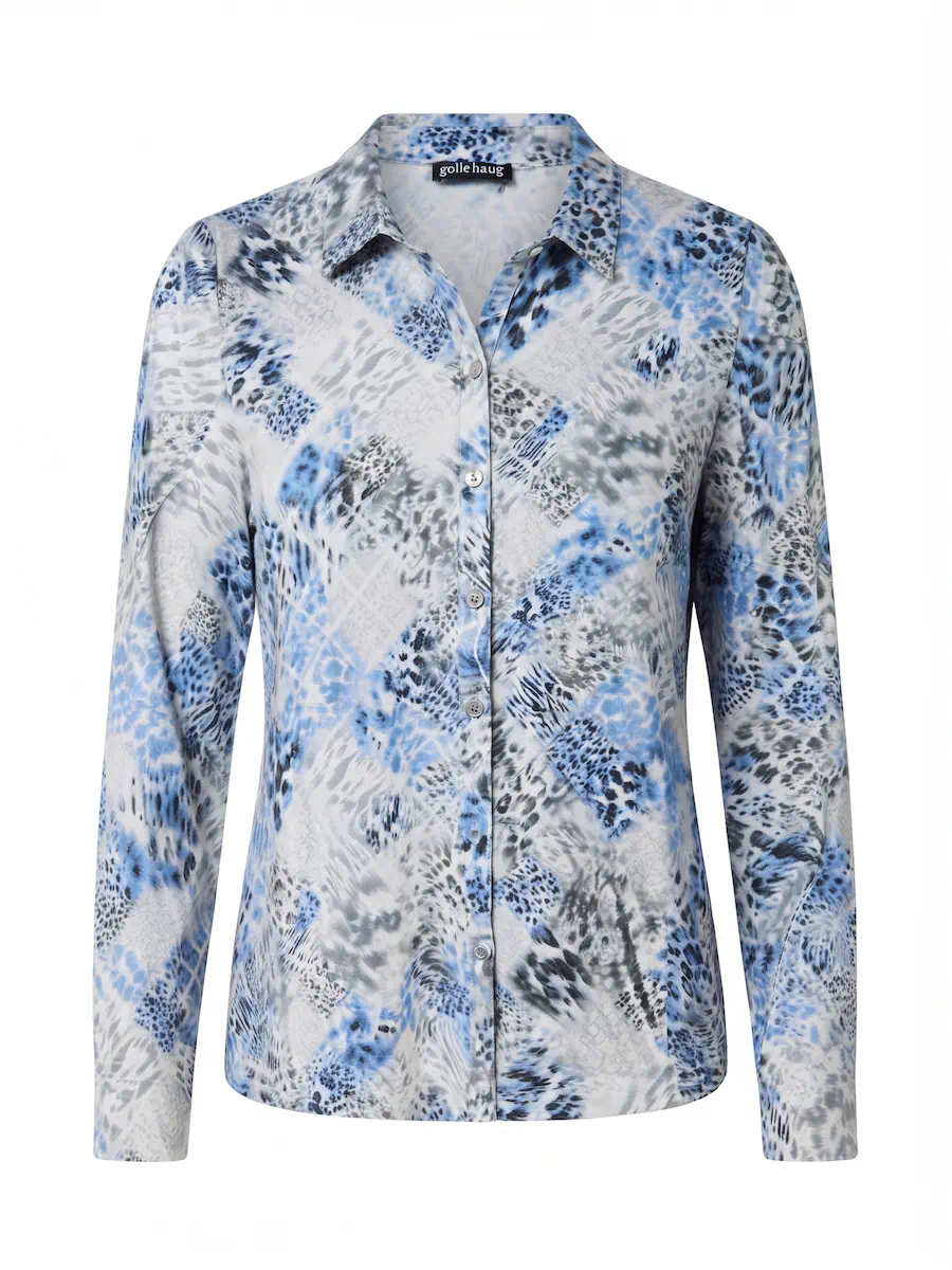 Gollehaug dames doorknoopblouse met stretch en abstract dessin in lichtblauw en grijs uit de outlet