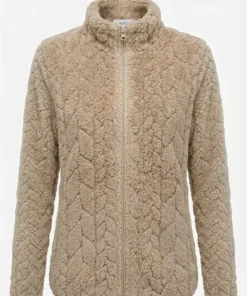 MXO dames teddy fleece vest in beige met kabelreliëf structuur, opstaande kraag en ritszakken