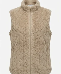 MXO dames teddy fleece bodywarmer in beige met kabelreliëf, opstaande kraag en ritszakken