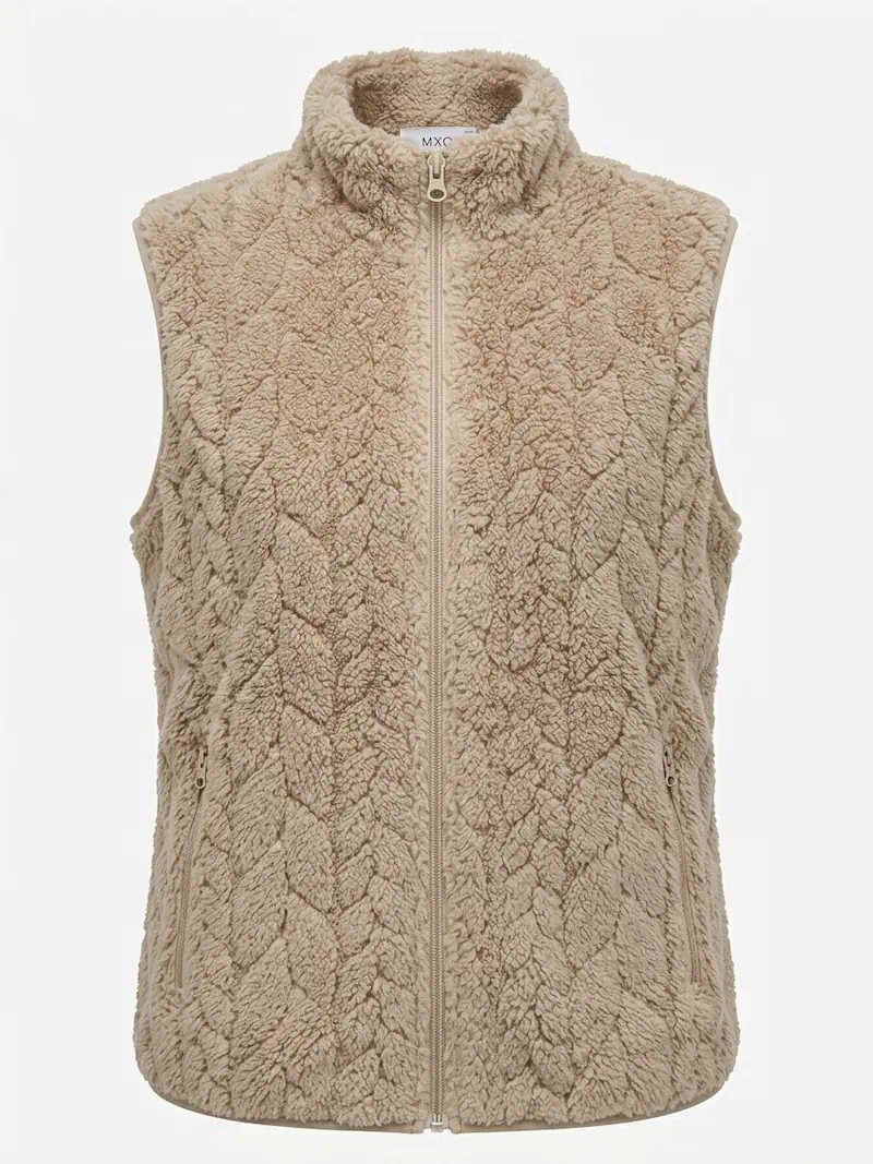 MXO dames teddy fleece bodywarmer in beige met kabelreliëf, opstaande kraag en ritszakken