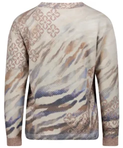 Betty Barclay dames trui fijngebreid met bloemenprint in beige en blauw voorzien van een aantrekkoord met glitter bij de hals_achter