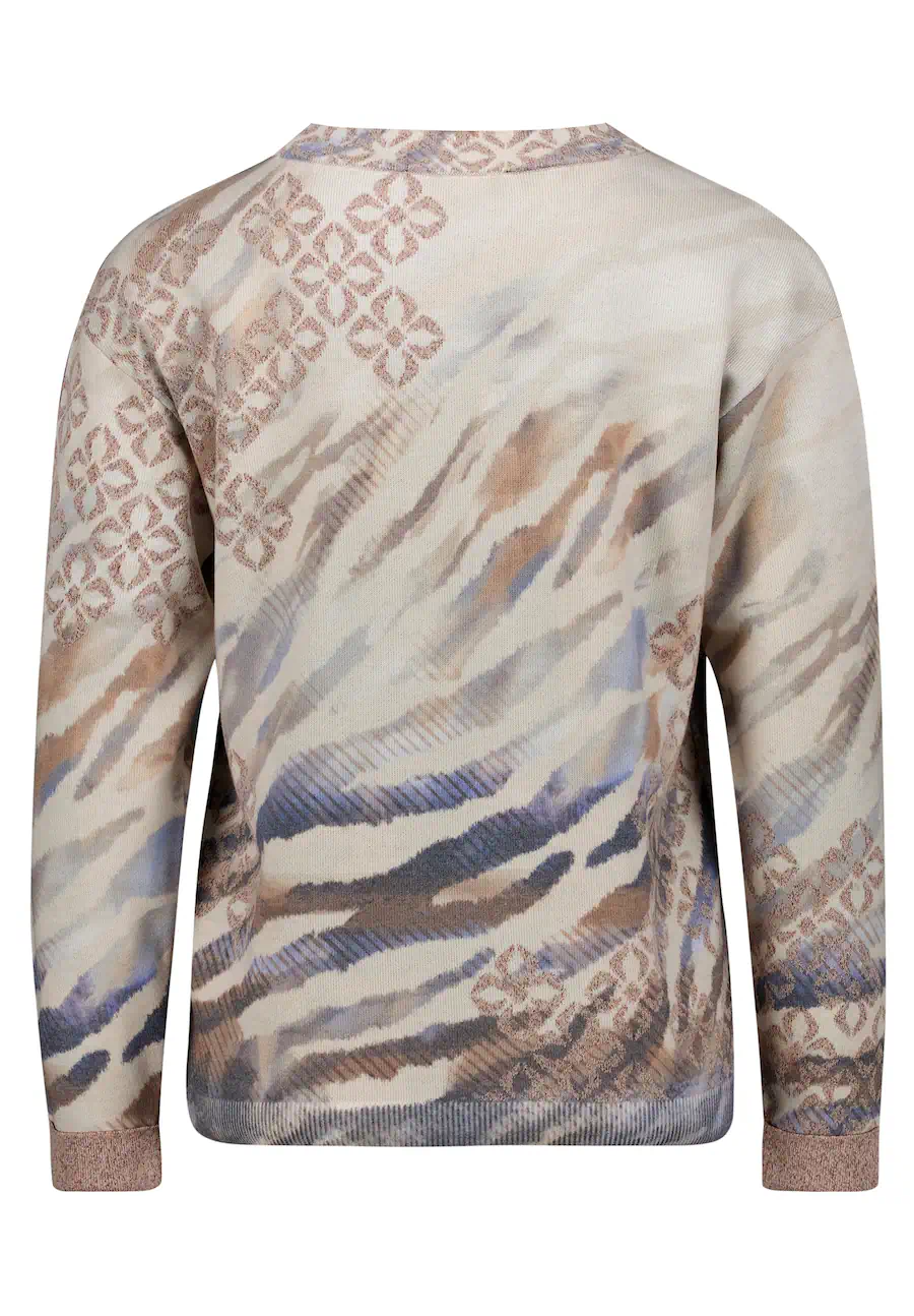 Betty Barclay dames trui fijngebreid met bloemenprint in beige en blauw voorzien van een aantrekkoord met glitter bij de hals_achter
