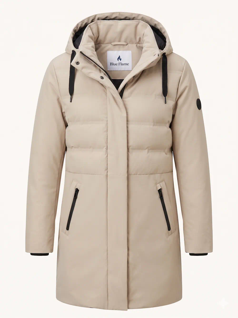Blue Flame dames winterjas waterdicht in licht beige met afneembare capuchon, deelbare rits en waterdichte zakken