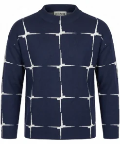 Gollehaug dames fijngebreide trui met grafisch ruitmotief en turtleneck in marineblauw uit de outlet collectie