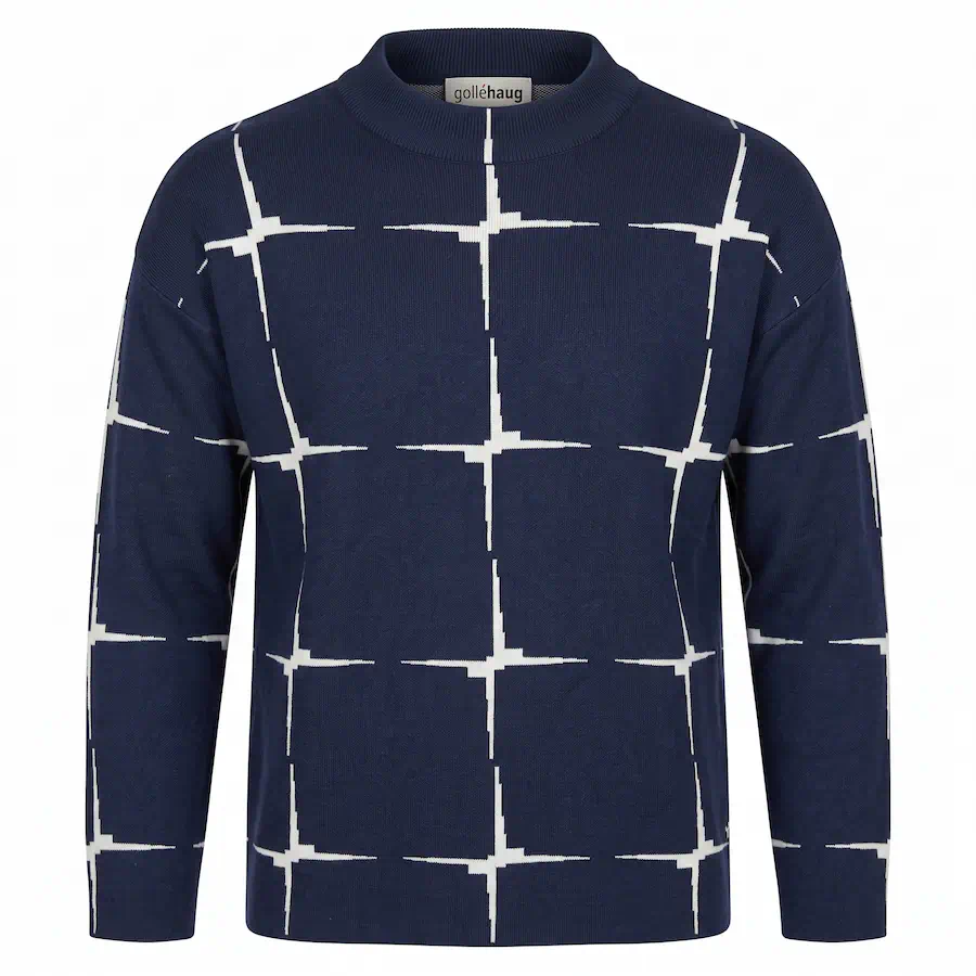 Gollehaug dames fijngebreide trui met grafisch ruitmotief en turtleneck in marineblauw uit de outlet collectie