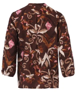 Enjoy dames blouse met driekwartmouwen en abstract paisley ikat dessin in donkerbruin, taupe en roze_rug