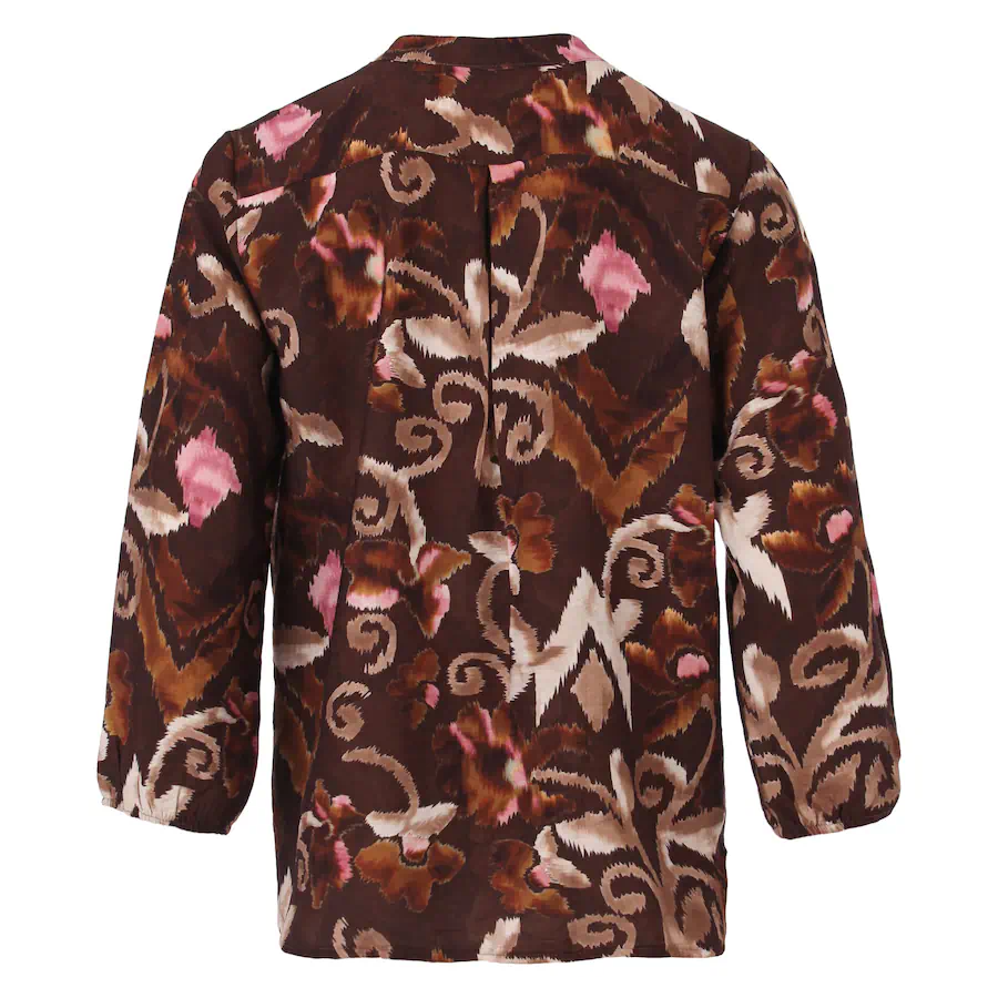 Enjoy dames blouse met driekwartmouwen en abstract paisley ikat dessin in donkerbruin, taupe en roze_rug