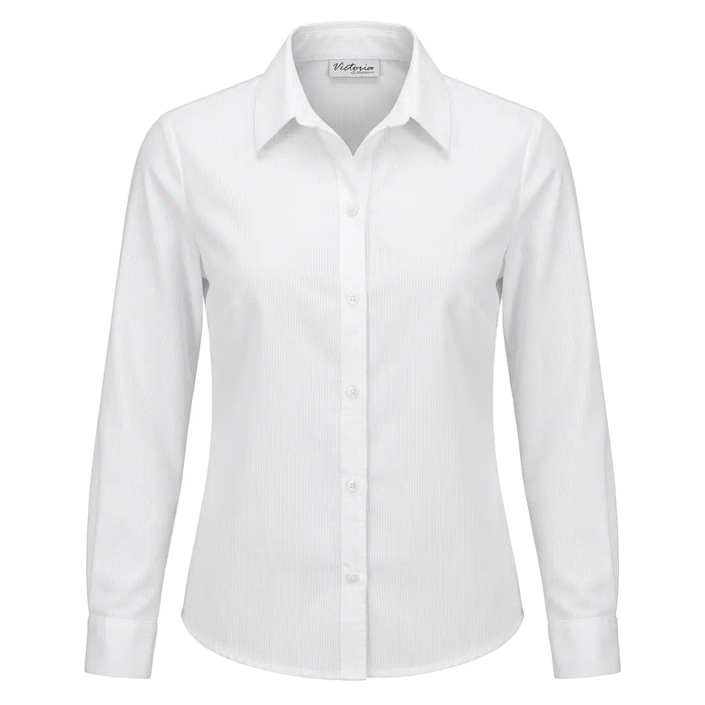 Aga by Victoria klassieke dames blouse in wit met lange mouwen, coupenaden en subtiel streepeffect in het weefsel