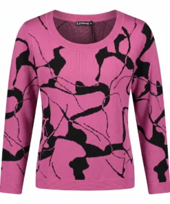 Gollehaug dames trui van fijnbreisel met grafisch dessin in fuchsia roze en zwart met ronde hals