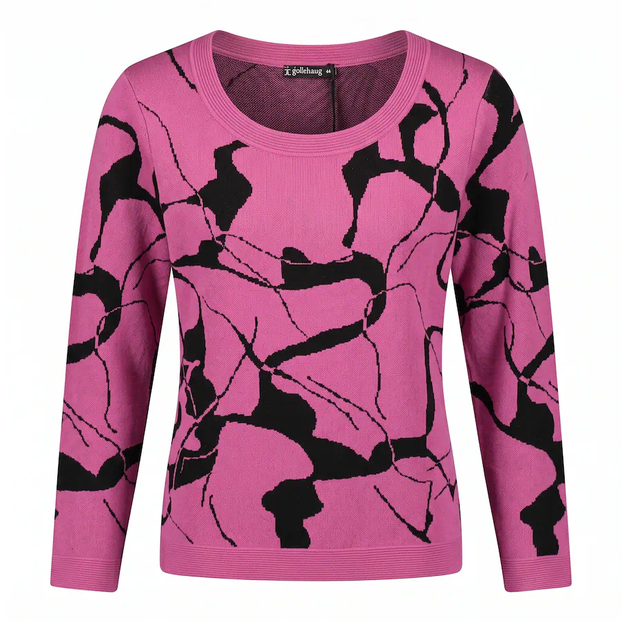 Gollehaug dames trui van fijnbreisel met grafisch dessin in fuchsia roze en zwart met ronde hals