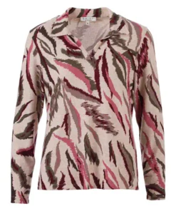 Enjoy dames polo trui met open kraag en dynamisch penseelpatroon in beige, bordeaux en taupe