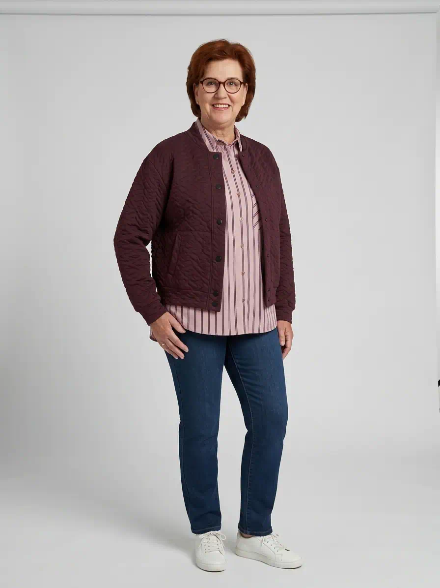 TONI dames blouse van katoen in oudroze met bordeaux en lichtblauwe strepen met reverkraag en borstzak_model