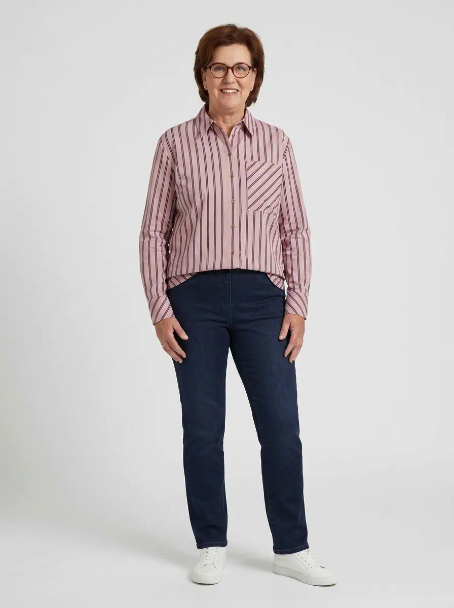 TONI dames blouse van katoen in oudroze met bordeaux en lichtblauwe strepen met reverkraag en borstzak_model2