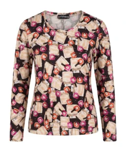Gollehaug dames shirt met lange mouwen en speelse nagellak print in roze, terracotta en zwart uit de outlet collectie