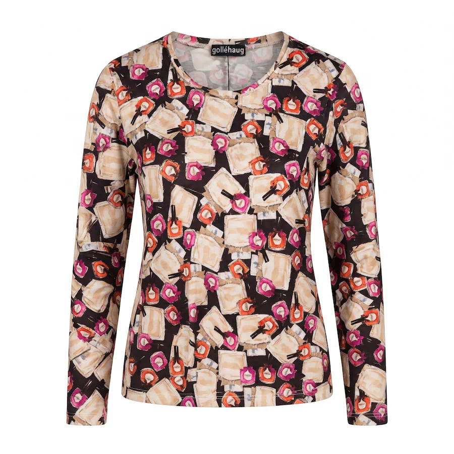 Gollehaug dames shirt met lange mouwen en speelse nagellak print in roze, terracotta en zwart uit de outlet collectie