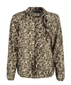 FOS Amsterdam dames blouson Bodi in groen bruin dessin met sierlijke strikkraag en elastische boord
