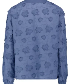 Betty Barclay dames blouse met lange mouwen en 3D franje reliëfstructuur in rafblauw met splitkraag_achter