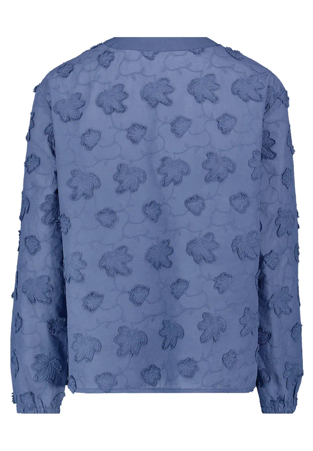 Betty Barclay dames blouse met lange mouwen en 3D franje reliëfstructuur in rafblauw met splitkraag_achter