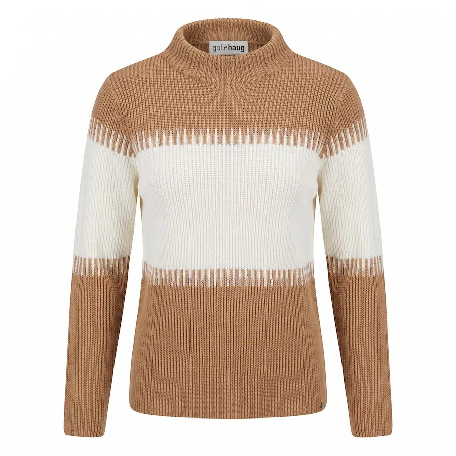 Gollehaug dames coltrui met ribstructuur en kleurblok in camel en wit uit de outlet collectie