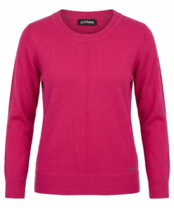 Golléhaug dames trui fijngebreid van katoen en modal in effen fuchsia roze met ronde hals en verticale lengtenaad