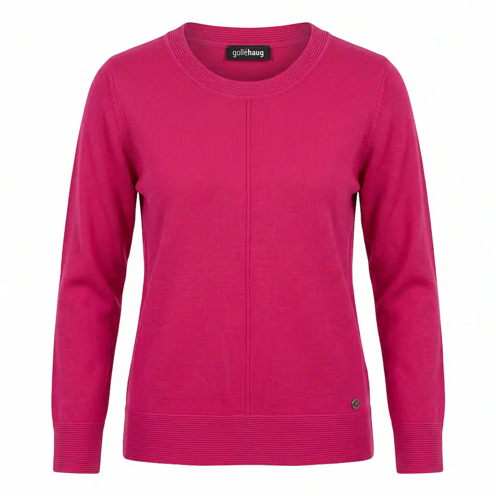 Golléhaug dames trui fijngebreid van katoen en modal in effen fuchsia roze met ronde hals en verticale lengtenaad