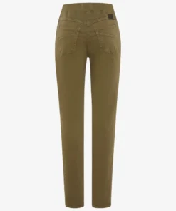 Raphaela by Brax dames five-pocket jeans model Pamina in olijfgroen met elastische tailleband en slanke pijpen_achter