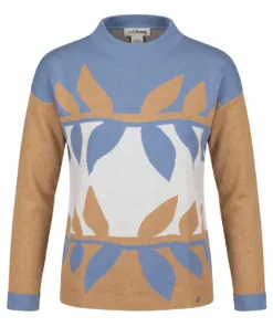 Gollehaug dames trui model Atlantis in beige en lichtblauw met bladmotief uit de outlet collectie