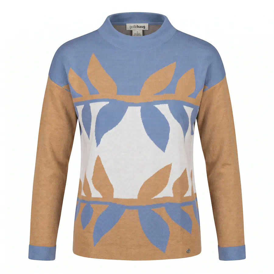 Gollehaug dames trui model Atlantis in beige en lichtblauw met bladmotief uit de outlet collectie