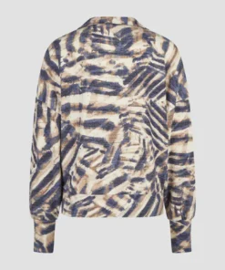 Barbara Lebek dames poloshirt met lange mouwen in grafisch dessin blauw met taupe en open polokraag_achter
