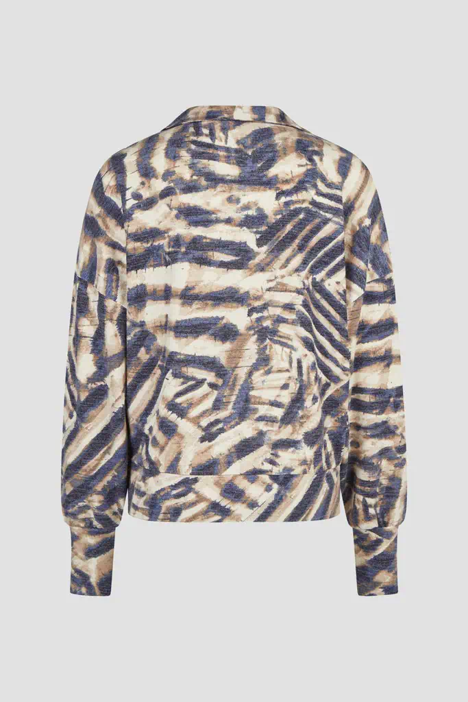 Barbara Lebek dames poloshirt met lange mouwen in grafisch dessin blauw met taupe en open polokraag_achter