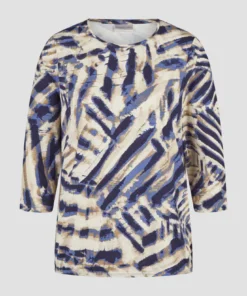 Barbara Lebek dames shirt met 3/4-mouw in blauw en zandkleurig penseelstreekdessin
